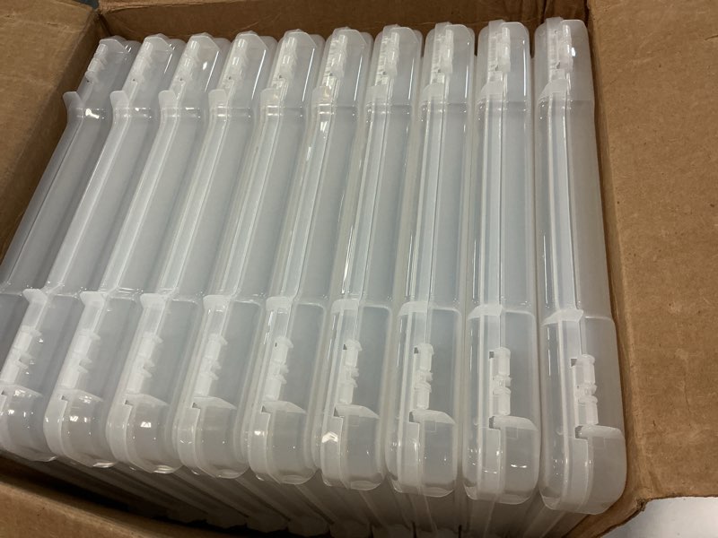 Condition photo showing Good Condition for iris usa board game storage craft organizer box with snap-tight latch lid, 10-pack portable plastic case bin for puzzles, magazines, hobbies, art supplies, fits 8.5" x 11" & a4 papers, slim, clear 10 pack