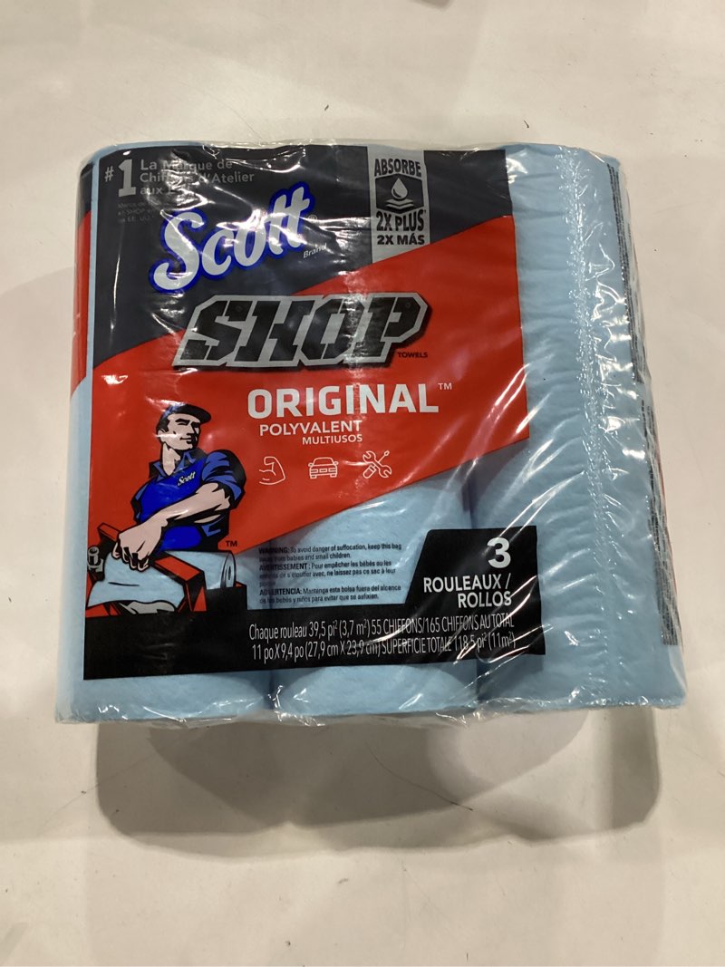 Condition photo showing New/Like New for scott shop original (75143), original blue shop towels, 9.4"x11" sheets, 10 packs of 3 rolls (55 towels/roll, 30 rolls/case, 1,650 towels/case)
