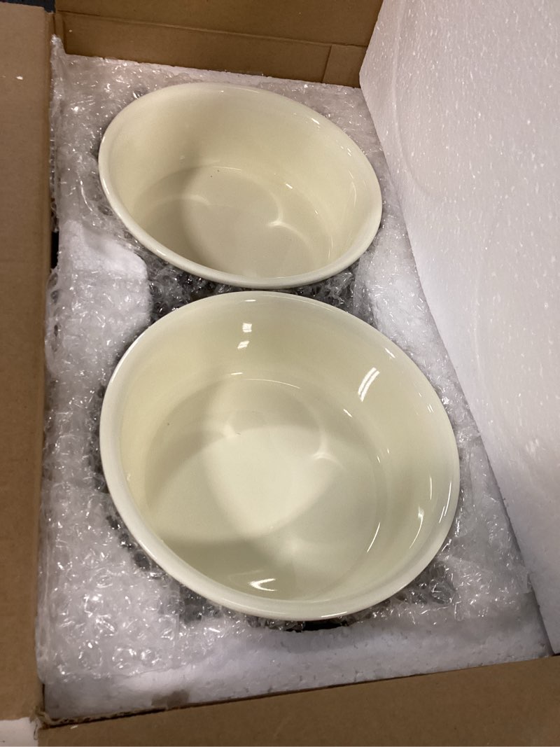 Condition photo showing New/Like New for ceramic elevated dog bowl set - raised food and water bowls with metal stand - double pet dishes for small and medium dogs - 2 cups - 27 fl oz - beige l beige