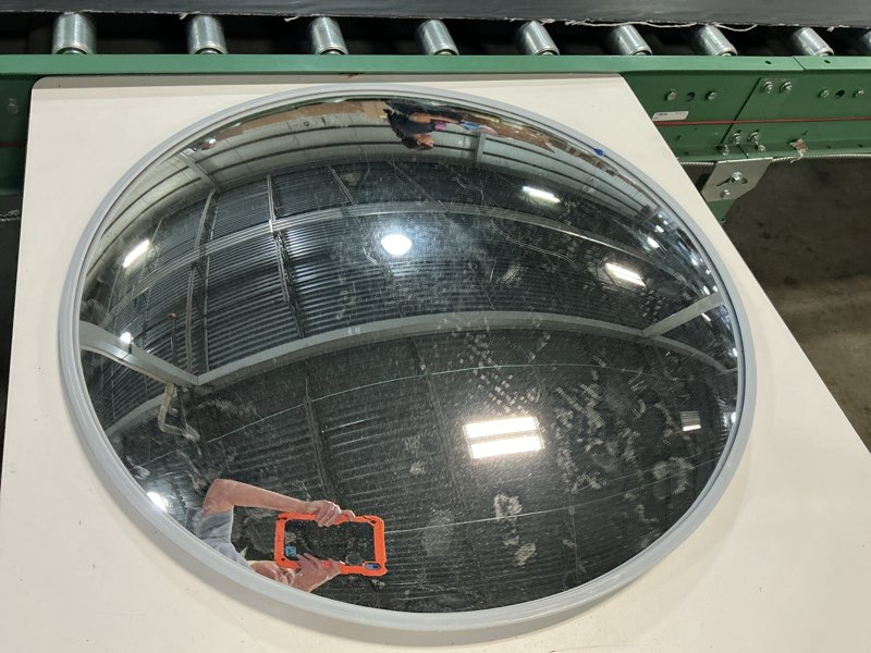 Condition photo showing Good Condition for 26” acrylic outdoor convex mirror with plastic back, round security mirror for the garage blind spot, store safety, warehouse side view, circular wall mirror for personal/office use -vision metalizers 26" acrylic outdoor convex