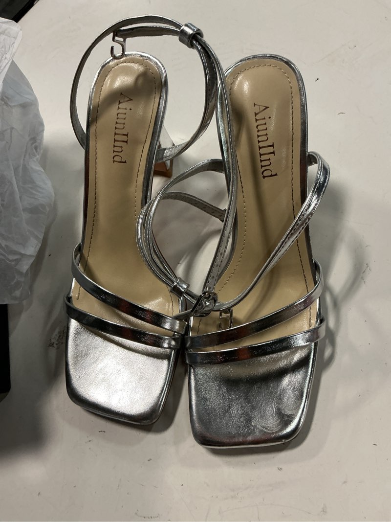 Condition photo showing As Is for aiuniind chunky block heels for women, square open toe heeled sandals, strappy ankle strap shoes for daily, dress, party, prom 6.5 silver