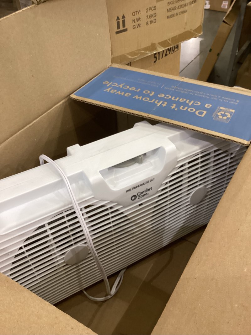 Condition photo showing Good Condition for Comfort Zone Twin Window Fan with Reversible Airflow Control, 9 inch, Auto-Locking Expanders, 2 Speed Fan, Dual Fan, Exhaust, Airflow 9.84 ft/sec, Ideal for Home, Kitchen, Bedroom & Office, CZ319WT White 9"