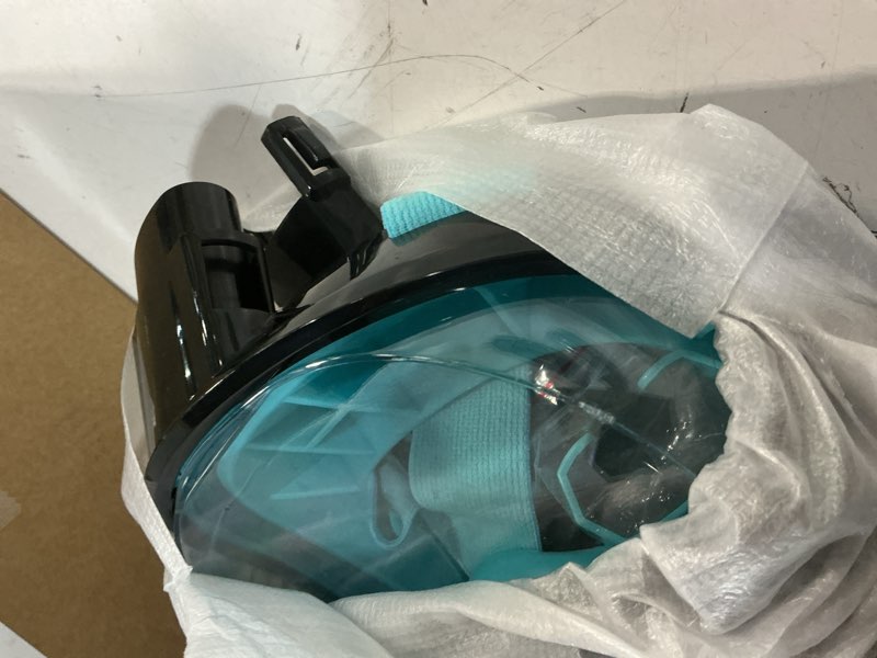 Condition photo showing Good Condition for full face snorkel mask, snorkeling gear for adults kids with latest dry top breathing system and detachable camera mount, with 180 degree panoramic view black green+black small-medium