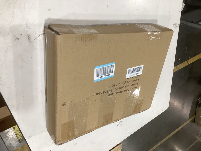 Condition photo showing As Is for this appears to be a basketball hoop kit labeled for a carton dimension of 44.5 * 8 * 34cm.