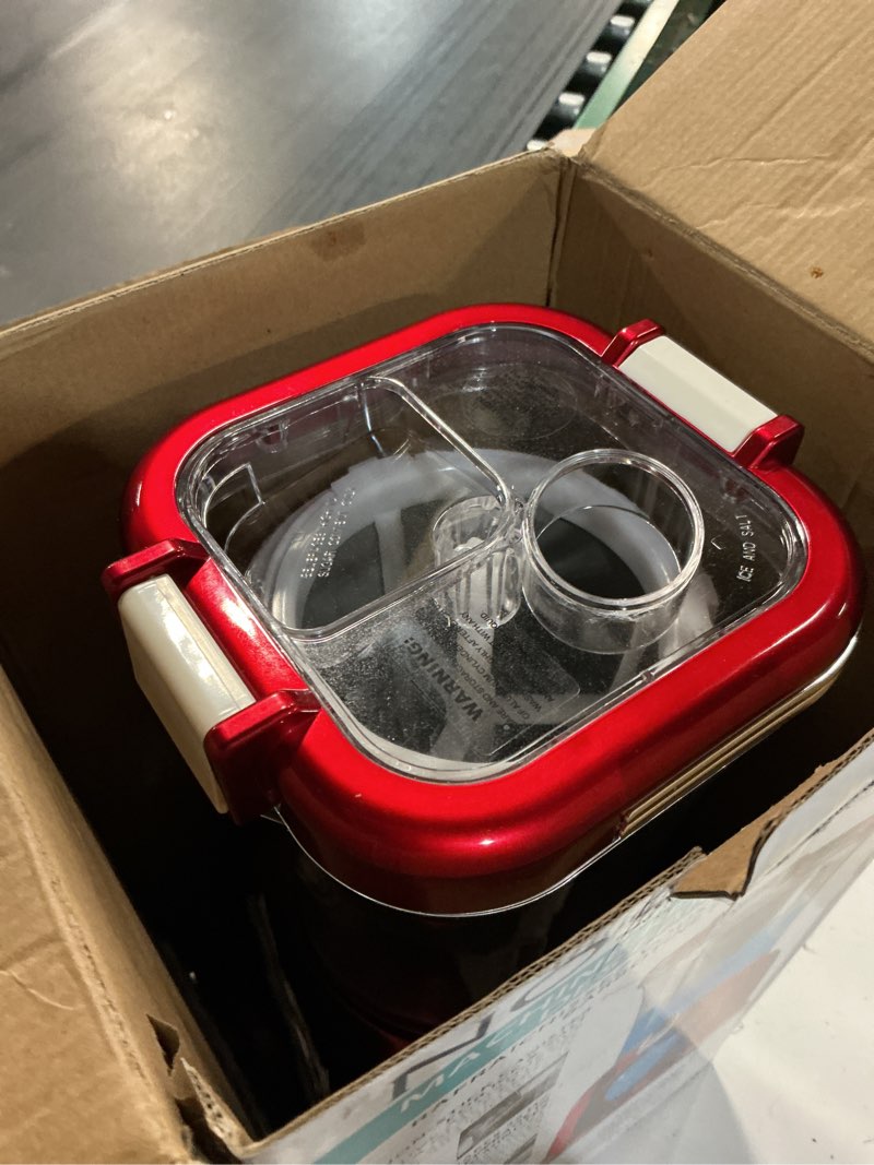 Condition photo showing As Is for nostalgia frozen drink maker and margarita machine for home - 32-ounce slushy maker with stainless steel flow spout - easy to clean and double insulated - retro red 32 ounce metallic red frozen slush