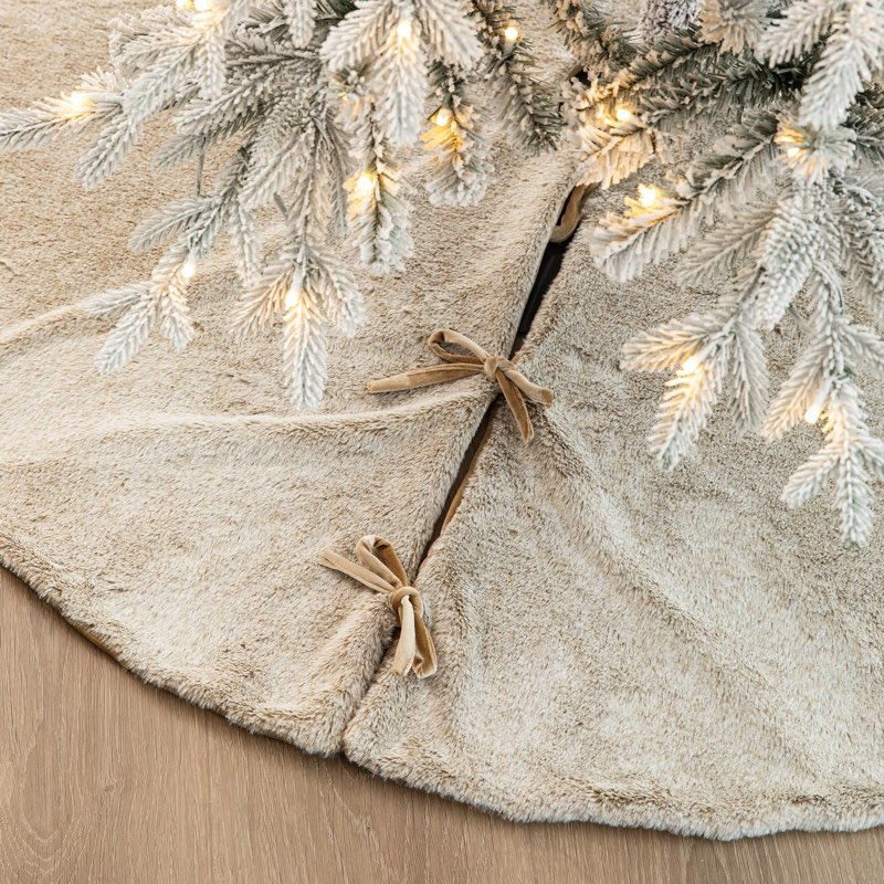 Glitzhome 48”D Milk Coffee Brown Christmas Tree Skirt,Large Faux Rabbit Fur Rustic Xmas Tree Skirt f