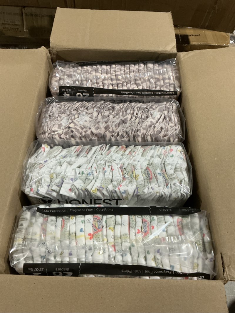 Condition photo showing New/Like New for the honest company comfort dry disposable diapers for sensitive skin, hypoallergenic, wild thang + all the alpacas, super club box size 4 (22–37 lbs) 104 count