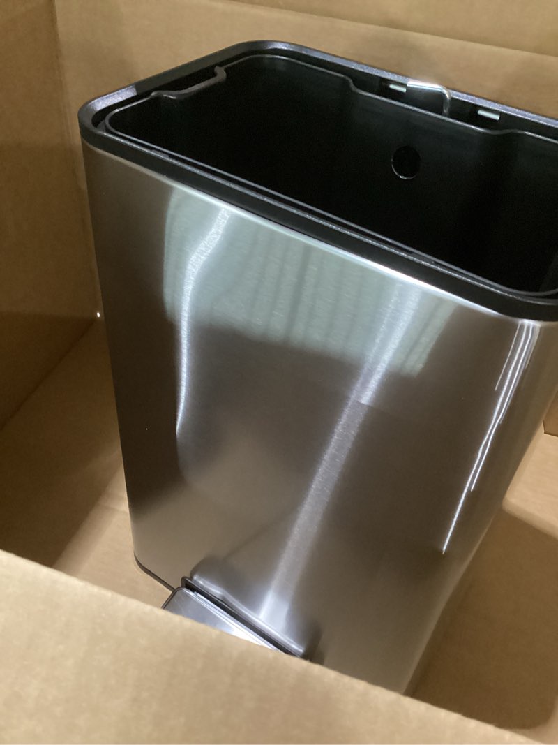 Condition photo showing Good Condition for takywep 4 gallon rectangular trash can with soft-close lid, garbage can foot pedal & slim design, trash bin for kitchen bathroom office?brushed stainless steel? silver