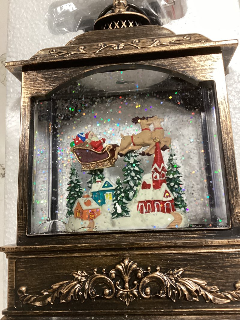 Condition photo showing New/Like New for christmas snow globes, light up snow globe with 6h music timer, auto snowfall, usb or battery powered, christmas globe with santa snow globe scene, indoor christmas decorations for home, retro gold gilding