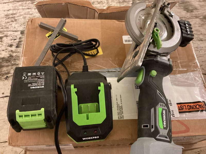 Condition photo showing Good Condition for workpro 20v cordless mini circular saw, 4-1/2" compact wireless circular saw 4.0ah battery, fast charger, 3 blades, 4500rpm, laser guide, max cutting depth 1-11/16"(90°), 1-1/8"(45°)