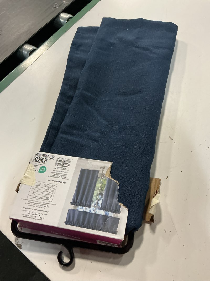 Condition photo showing Good Condition for mainstays 3-piece textured semi sheer rod pocket kitchen window tier pair and valance  2 café curtains and 1 curtain valance  aqua  56 w x 36 l