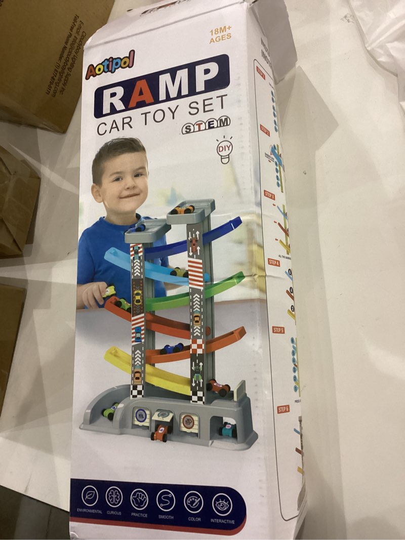 Condition photo showing As Is for Montessori Toys for 2 3 Year Old Boys Toddlers, Car Ramp Toys with 6 Cars & Race Tracks, Garages and Parking Lots, Ramp Racer Toy Gift for Boys Girls Age 18 Months and Up, Multicolor Classic Track