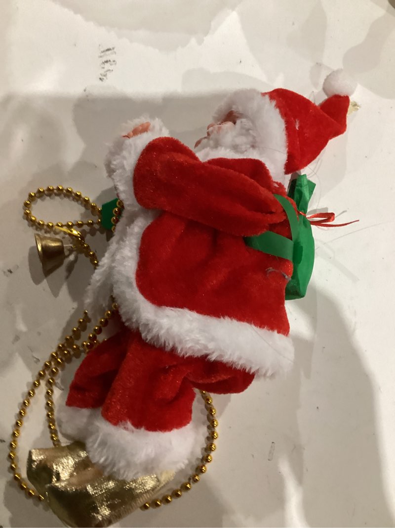 Condition photo showing As Is for Upgraded Climbing Santa Claus on Rope, Animated Electric Musical Christmas Ornament with 3 Modes, Secure Tree Hook & Reinforced White PVC Case, Heartwarming Holiday Decoration Gift