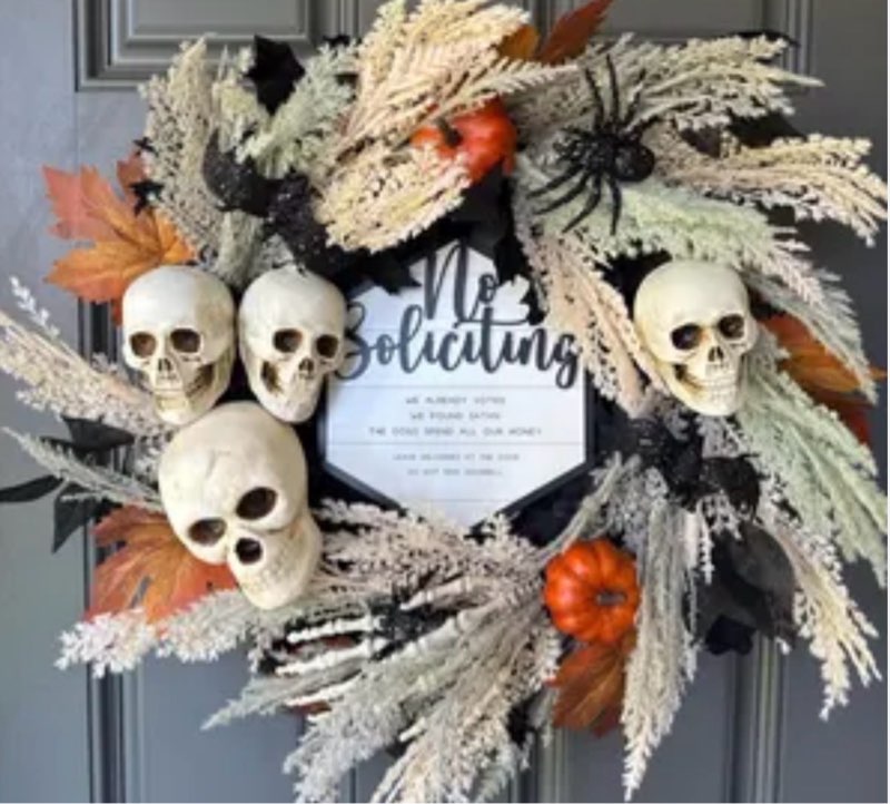 FLOROAD 24" Halloween Wreath for Front Door with Artificial Skulls, Wheat, Maple Leaves and White Pe