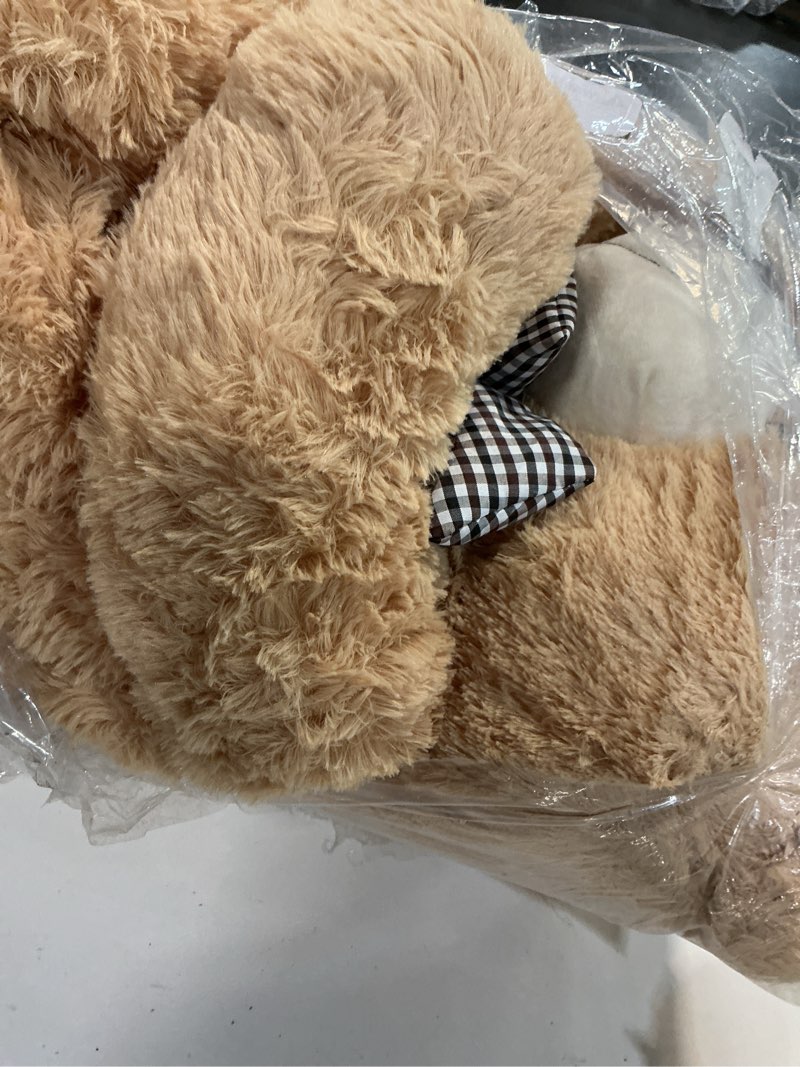 Condition photo showing As Is for 47 inch big giant teddy bear stuffed animals, light brown soft plush life size bear toy all ages gift for children/girlfriend/valentine's day/christmas/birthday/baby shower/wedding/party decorations