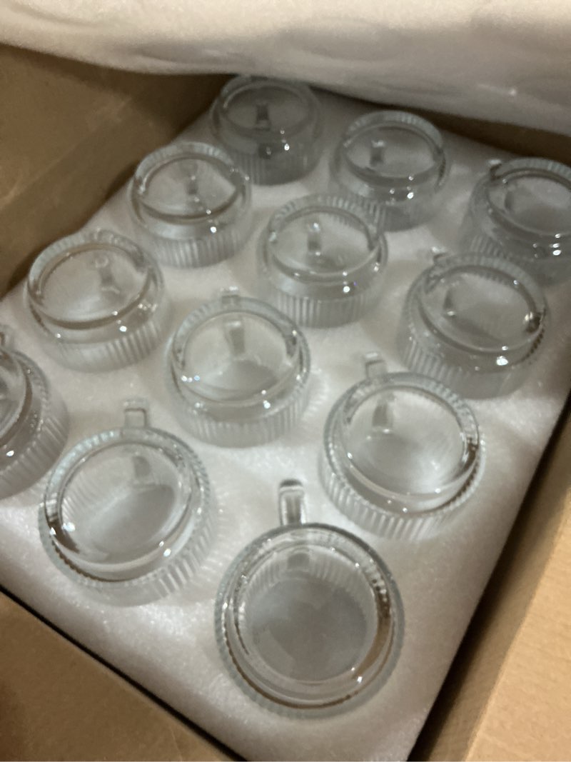 Condition photo showing New/Like New for 12 pack premium glass coffee mugs with handle, 12 oz classic vertical stripes glass coffee cups, transparent tea cup for hot/cold beverages, glassware set for americano, latte, cappuccino