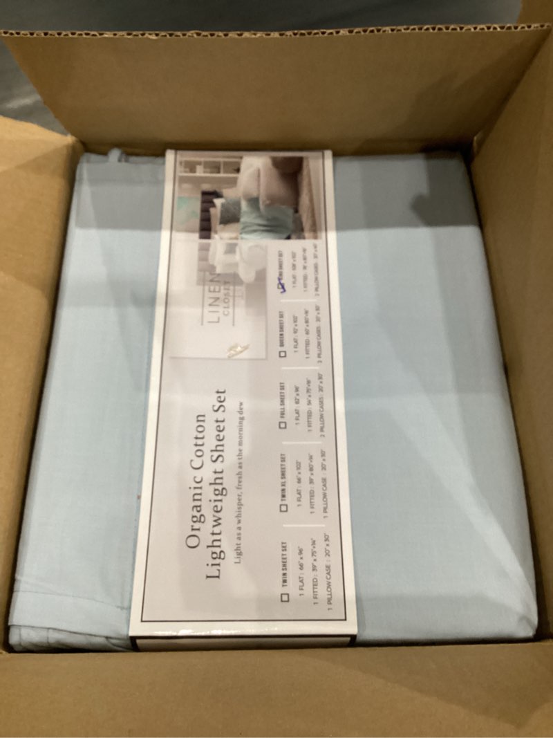 Condition photo showing New/Like New for Linen Closet 100% Organic Cotton King Sheet 4 Pcs Set – Crisp Percale, Lightweight & Breathable– Light Blue Bed Sheets,Deep Pocket up to 18”– Naturally Cooling, Soft, Eco-Friendly,All Season Comfort King Sheet Set Light Blue