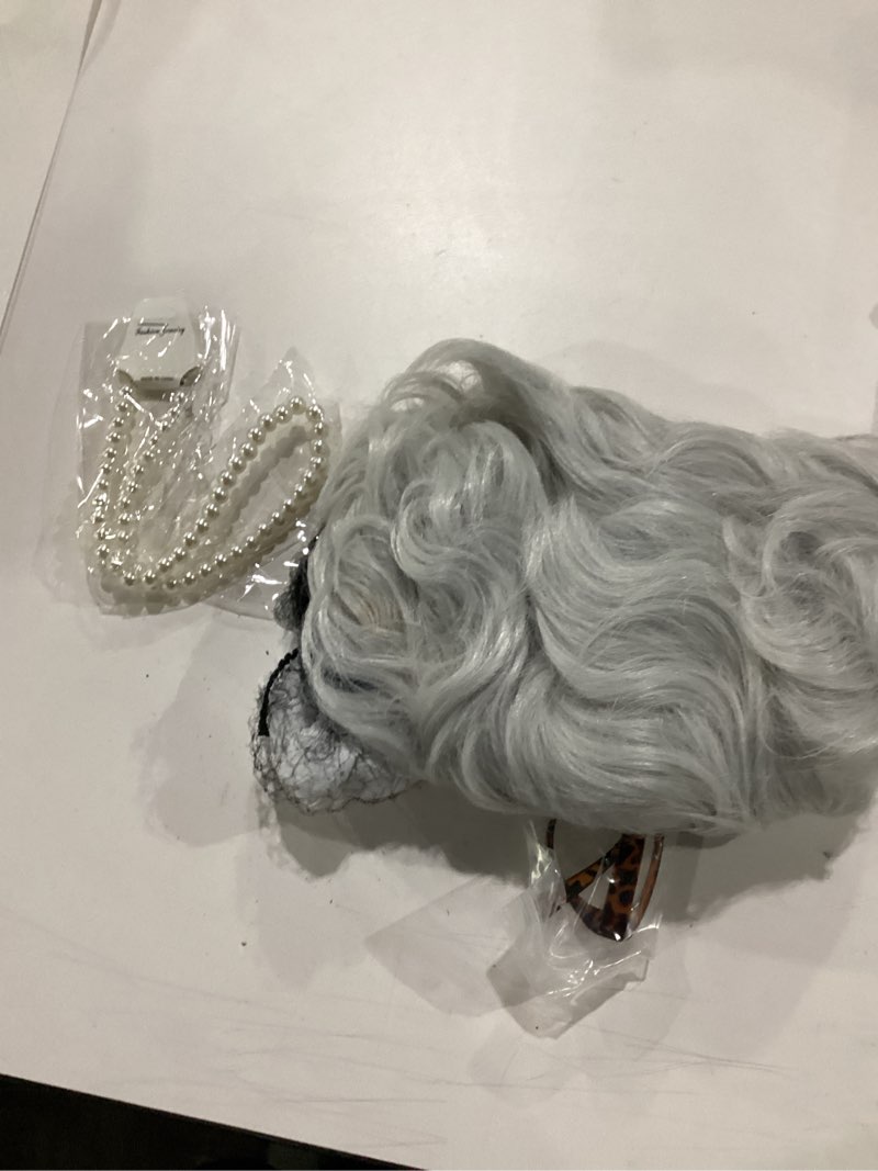 Condition photo showing Good Condition for purehair white old lady costume wig for women with glasses chain necklace - short curly grandma wigs for older women granny outfit - perfect for 100th day of school costume & parties (silver white) silver white adult size