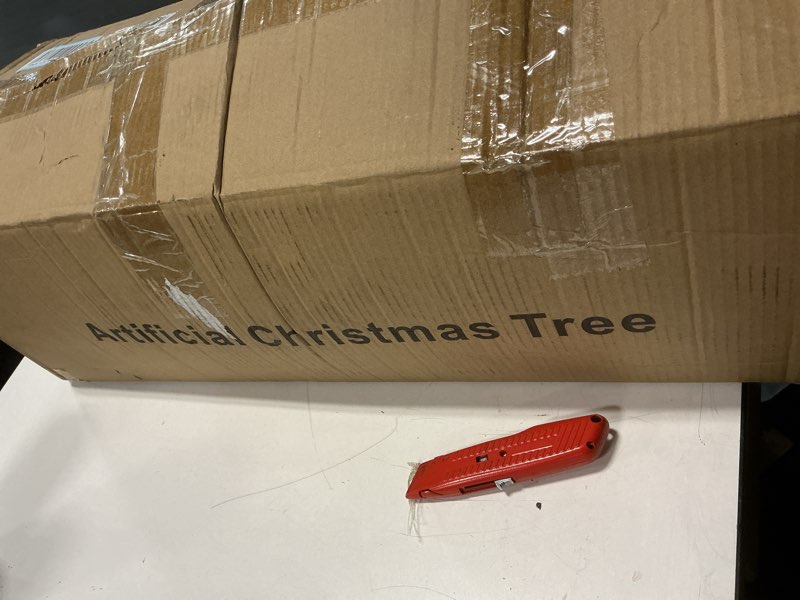 Condition photo showing Good Condition for 7FT Pre-Lit Fir Pencil Christmas Tree with 200 LED Lights, Green Classic Artificial Slim Skinny Christmas Tree for Home, Office, Shop, Party Decoration, 642 PVC Branch Tips, Snow Flocked Design