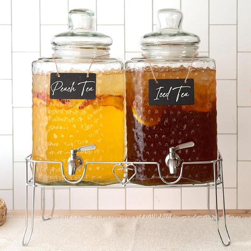 ilyapa double glass beverage dispenser with stand, large 2 gallon beverage dispensers for iced water, lemonade, juice, sangria, punch, tea & punch