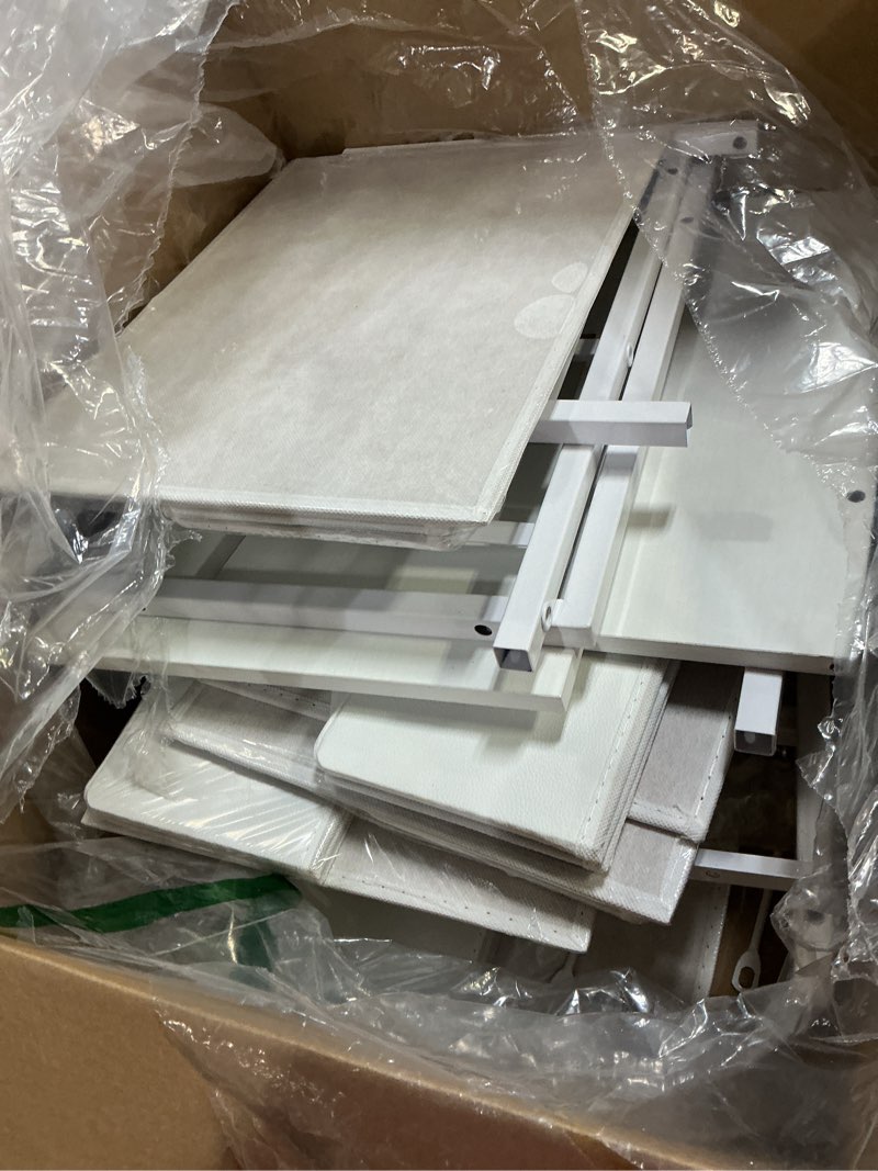 Condition photo showing Good Condition for Furnulem White Dresser with 5 Drawers, Vertical Storage Tower Fabric Dresser for Bedroom, Hallway, Entryway, Nursery, Closet Organizer, Nightstand Bedside Table Furniture, Sturdy Steel Frame, Wood Top White 5 Drawers