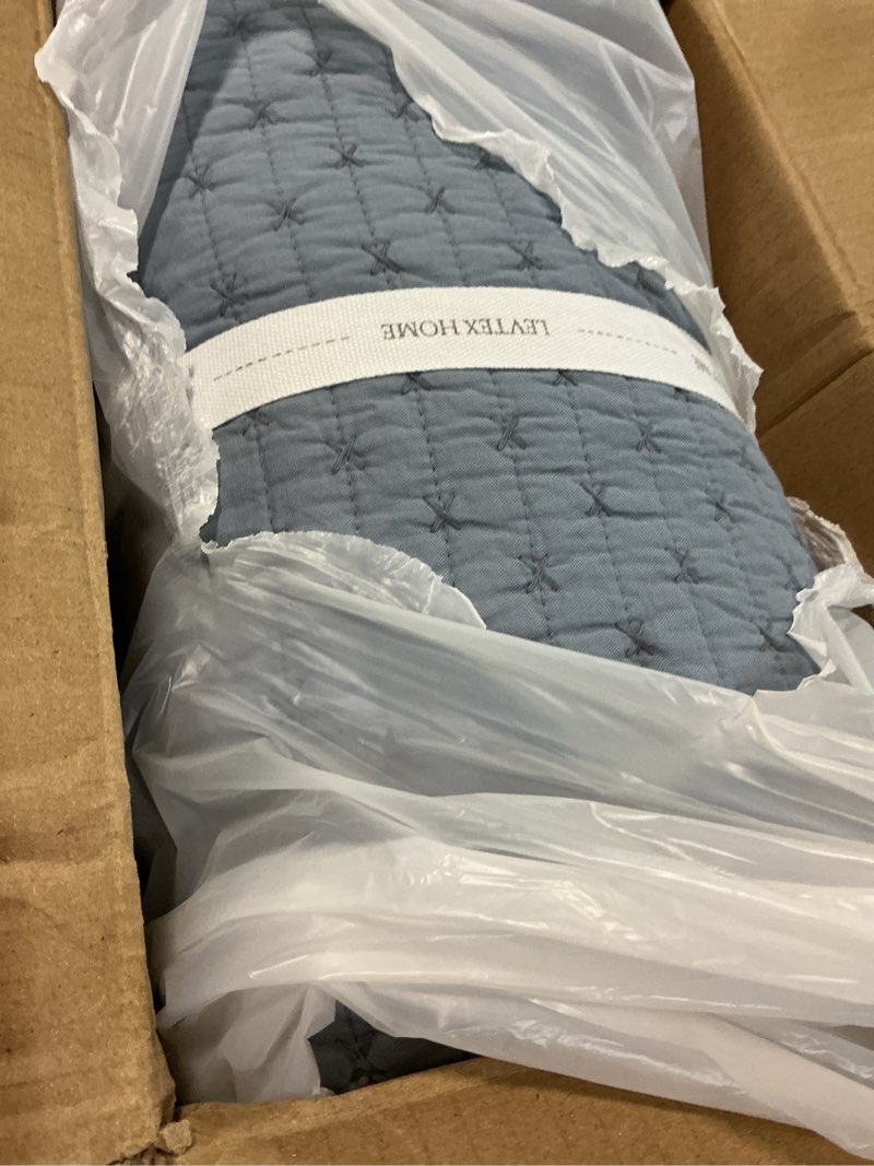 Condition photo showing Good Condition for levtex home - cross stitch chambray quilt set - king quilt + two king pillow shams - cross stitched pattern - quilt size (106x92in.) and pillow sham size (36x20in.) - reversible - cotton fabric quilt - king chambray