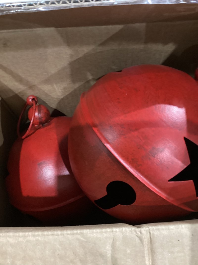 Condition photo showing As Is for YIYA Big Christmas Jingle Bells Decorations Red Giant Iron Christmas Ball 9.4x12.2 Inch Jingle Bell Yard Decor for Xmas Holiday Tree Doorway Home Garden Decor