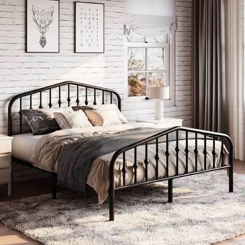 Queen Size Metal Bed Frame with Victorian Style Headboard/Footboard, Black, 71-125in | Assembly Required | Hardware & Tools Included | Rectangular
