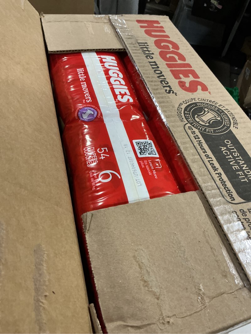 Condition photo showing New/Like New for huggies size 6 diapers, little movers baby diapers, size 6 (35+ lbs), 108 count (2 packs of 54), packaging may vary