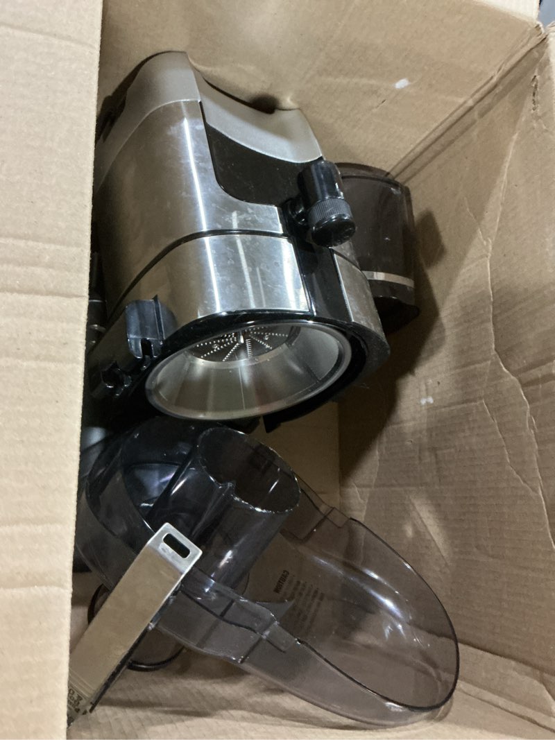 Condition photo showing As Is for cuisinart juicer machine, die-cast juice extractor for vegetables, lemons, oranges & more, cje-1000p1,silver/black, 15.35" x 11.8" x 19.01"