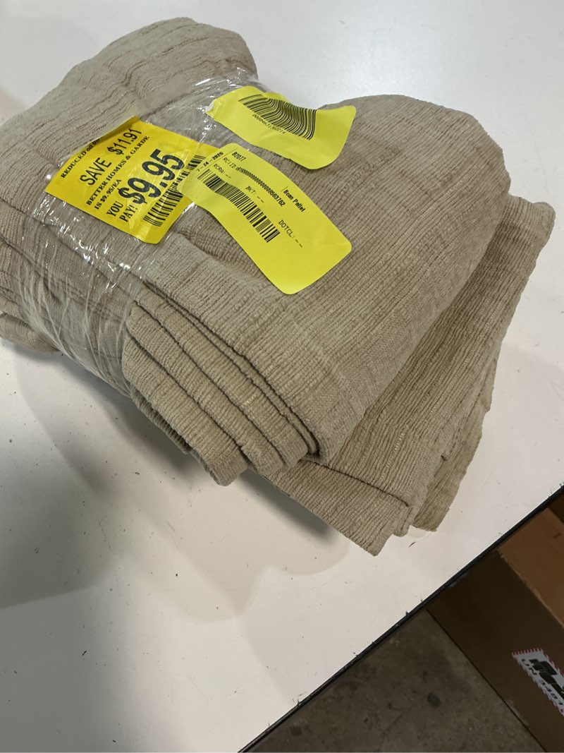 Condition photo showing As Is for better homes & gardens textured solid chenille light filtering single curtain panel  beige  50 w x 108 l