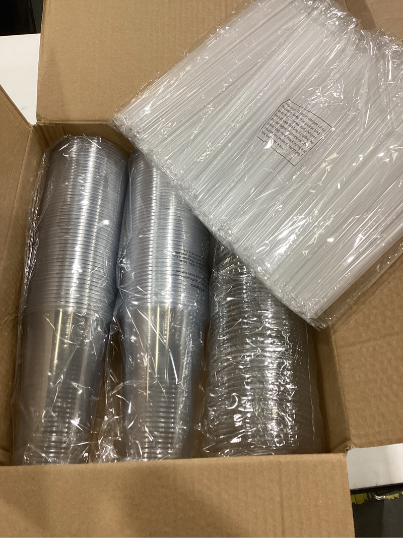 Condition photo showing Good Condition for 100 pack 24 oz clear plastic cups with lids and straws, [leak-proof & snap-tight design] disposable iced coffee cups for smoothies, bubble tea and cold drinks, bpa free sturdy pet tumblers 24oz-100pack