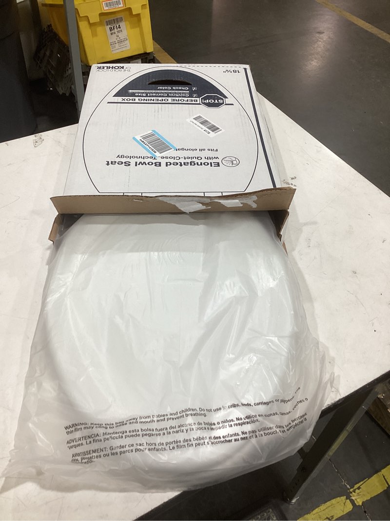 Condition photo showing Good Condition for kohler stonewood quiet-close, elongated toilet seat soft close, durable wood, easy installation, universal fit, home essentials, white finish, k-20466-0 white elongated double-hinge