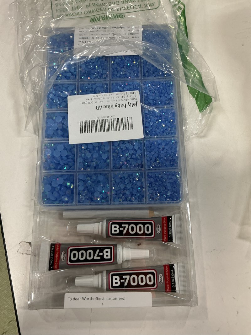 Condition photo showing New/Like New for Light Blue AB Resin Rhinestones w B7000 Jewelry Glue for Bedazzling Crafting 3mm-6mm Flatback Jelly Stones Bulk SS10- SS30 Non-Hotfix Baby Blue Diamonds Gems for Nails Makeup Tumblers Crafts Light Blue Jelly