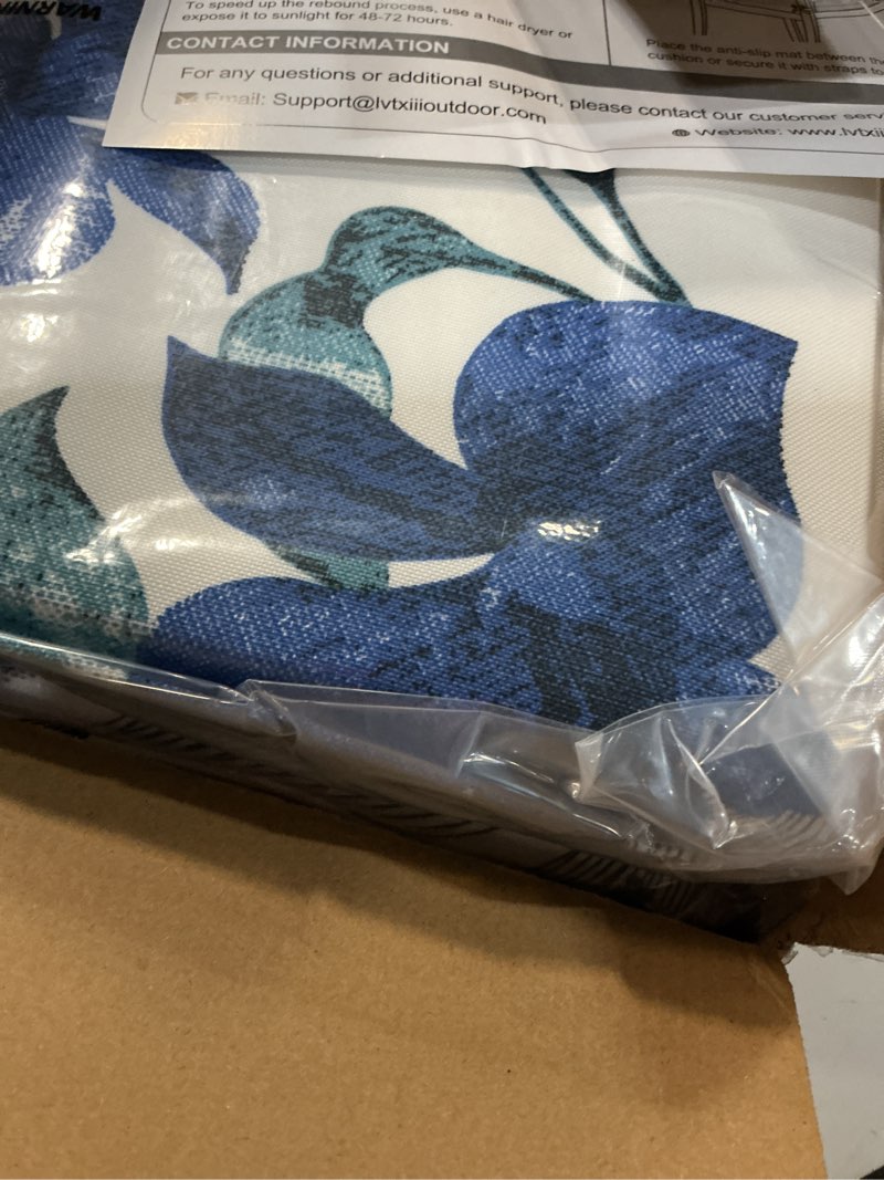 Condition photo showing New/Like New for lvtxiii outdoor chair cushions 18.5"x16"x2" pack of 4, water-repellent square corner memory foam seat cushions with ties for garden patio furniture, clemens noir blue 18.5"x16"x2" ( set of 4 ) clemens noir blue