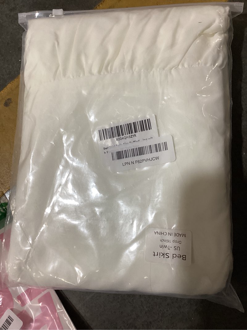 Condition photo showing New/Like New for bed skirt twin size ruffled bed skirt with split corners, ivory bed skirts 16 inch drop, bed skirting with platform, 16'' twin ivory 16''twin