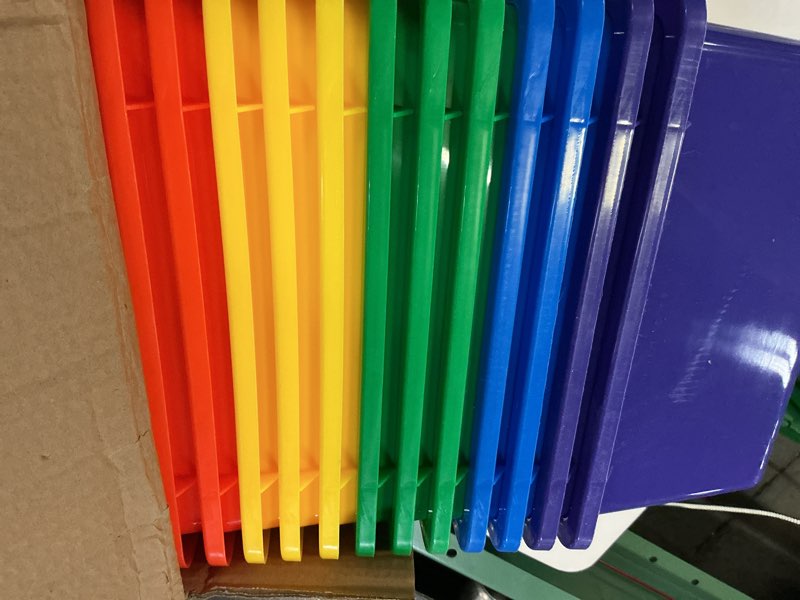 Condition photo showing Good Condition for outus book bins for classroom plastic cubby toy bins for kids storage and organizer containers with self adhesive label for classroom library school office home (rainbow color,16 pack) 16 rainbow color