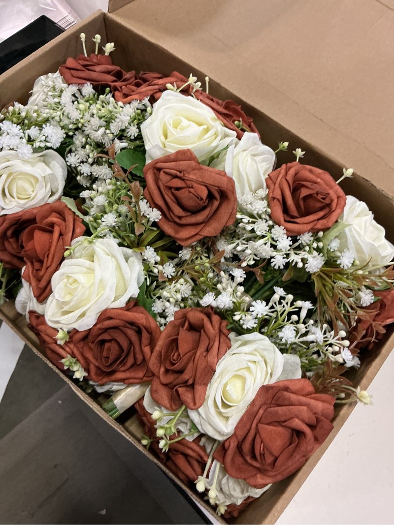 Condition photo showing New/Like New for artificial bridesmaid bouquets set of 6 - wedding bouquet burnt orange rose white babys breath 7 inch flower bride bouquet for wedding bridal shower centerpiece ceremony anniversary decorations orange & white set of 6 bridesmaid bouquets