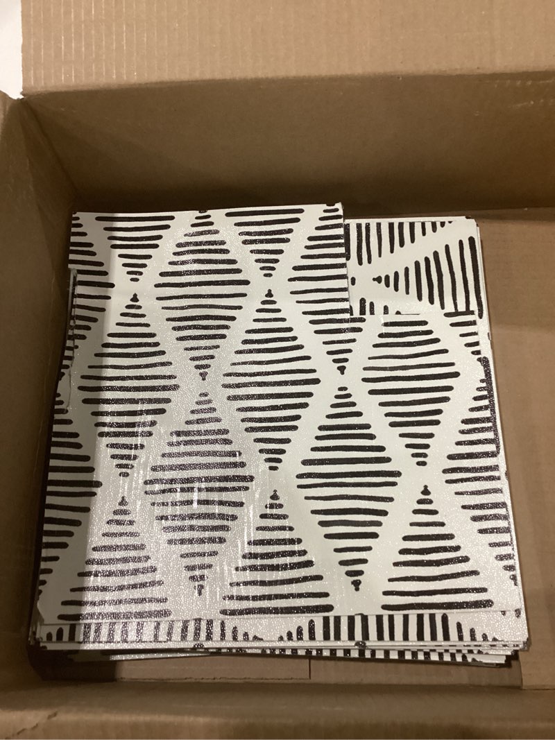 Condition photo showing As Is for ONE CUT AND STUCK TO OTHERS Elffloor Peel and Stick Floor Tile 10pcs - 11.8x11.8 Inch Waterproof Vinyl Flooring for Bathroom, Kitchen, Laundry, RV, Easy to Install Geometric Line Pattern, Removable Decorative Tiles 11.8 in X 11.8 in 10pcs black