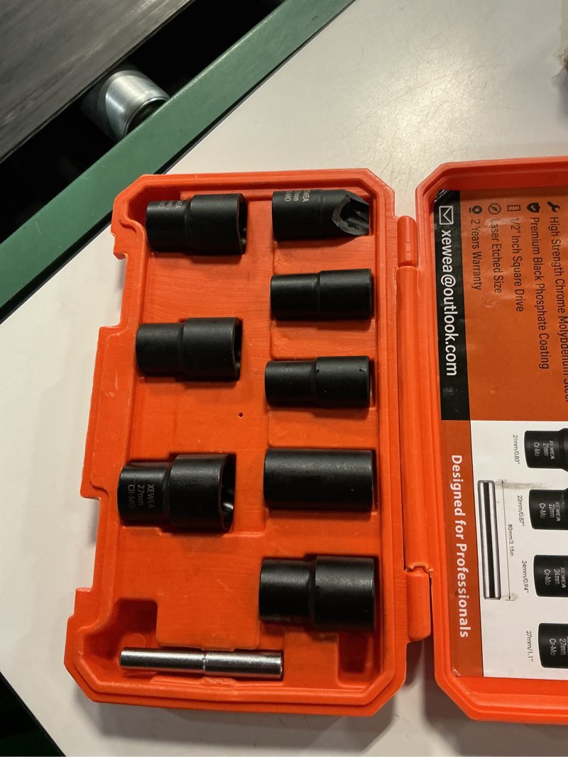Condition photo showing As Is for xewea 9pcs lug nut extractor set, 1/2" drive impact bolt nut remover socket tool, wheel lock removal kit, easy out extractor set for damaged, frozen, rusted, rounded-off bolts nuts 9pcs 1/2" drive