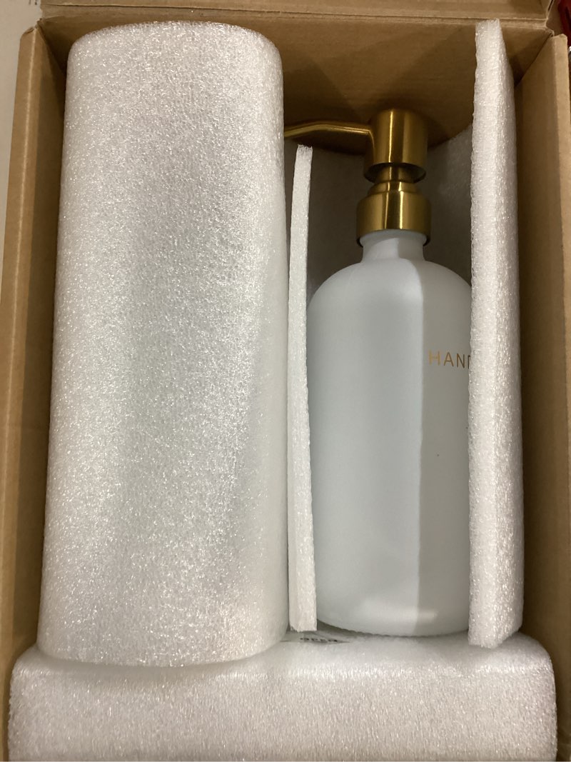 Condition photo showing item condition for Gold Soap Dispenser Bathroom Set, Hand and Lotion Dispenser with Stainless Steel Pump, Perfect for Modern Bathroom Decor. (Gold) Gold Pump & White Bottle