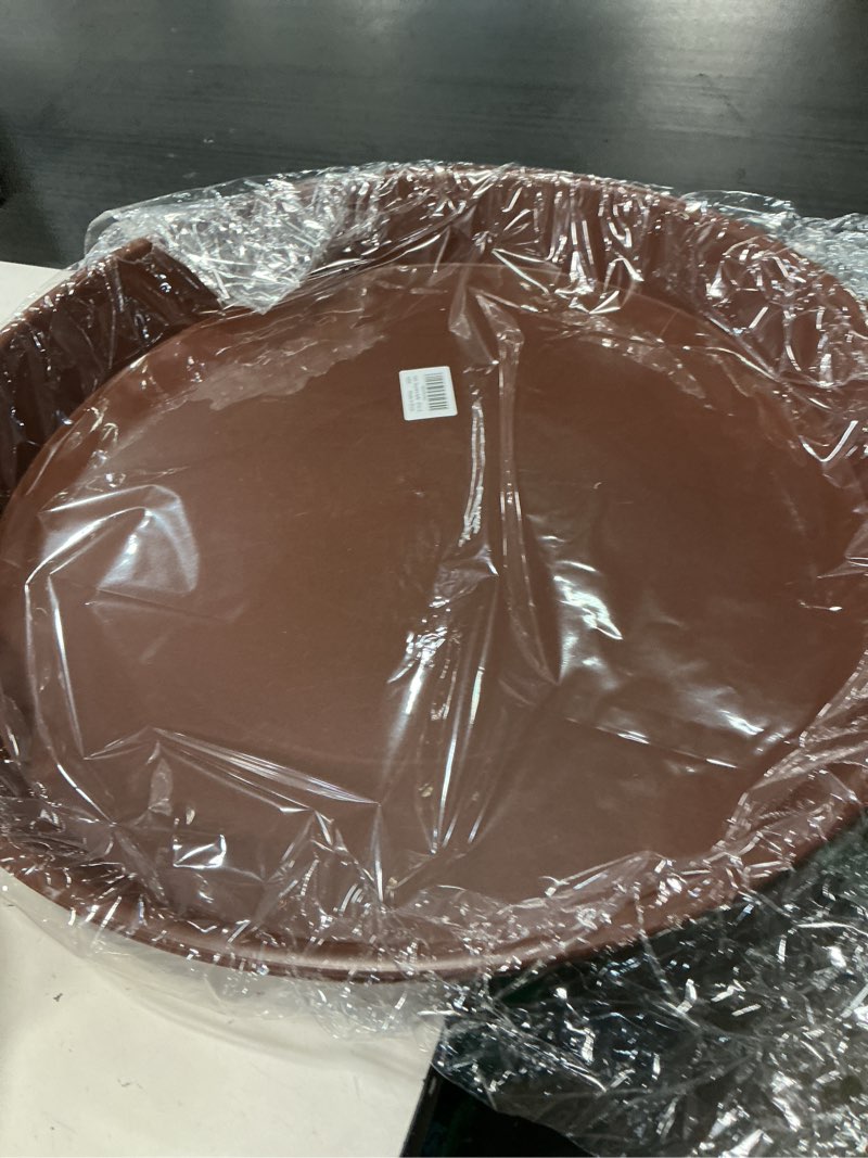 Condition photo showing New/Like New for 2 pack of 20 21 inch plant saucer round, deep plant saucers for pots, heavy plastic plant drip tray for indoors outdoor, bird bath bowls, plant trays for planter 19-22" (21 inch, chocolate) 21" (2 pack) chocolate