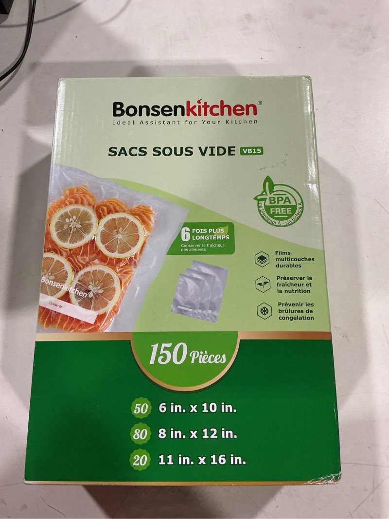Condition photo showing Good Condition for bonsenkitchen vacuum sealer bags, 20 gallon 11" x 16"+ 80 quart 8" x 12"+ 50 pint 6" x 10", commercial grade, bpa free, food sealer bags for vac storage, meal prep or sous vide cooking, vb15 6" x 10" and 8" x 12" and 11" x 16" 150pcs