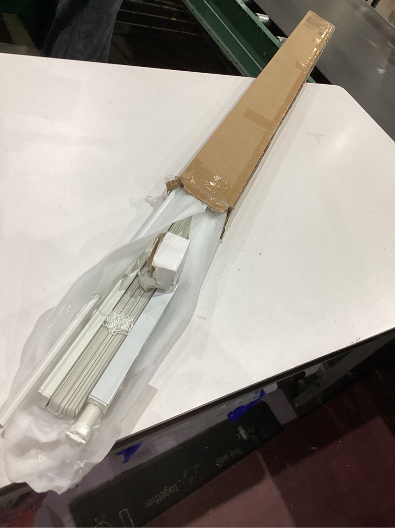 Condition photo showing As Is for myshade no-drill cordless horizontal mini blinds – 47.5" w x 64" h tool-free inside mount window blinds with 1" vinyl slats, light filtering & privacy, child & pet safe, white cordless-white 47.5"w x 64"h