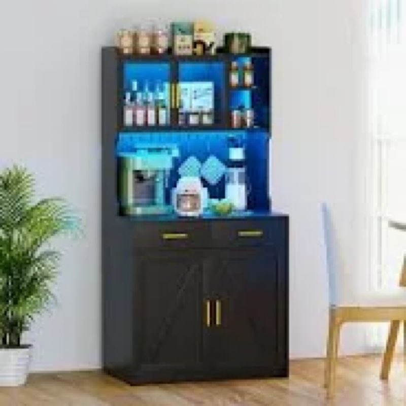 HOOBRO Kitchen Pantry Cabinet with LED Lights and Power Outlet, Freestanding Cupboard Utility Hutch 