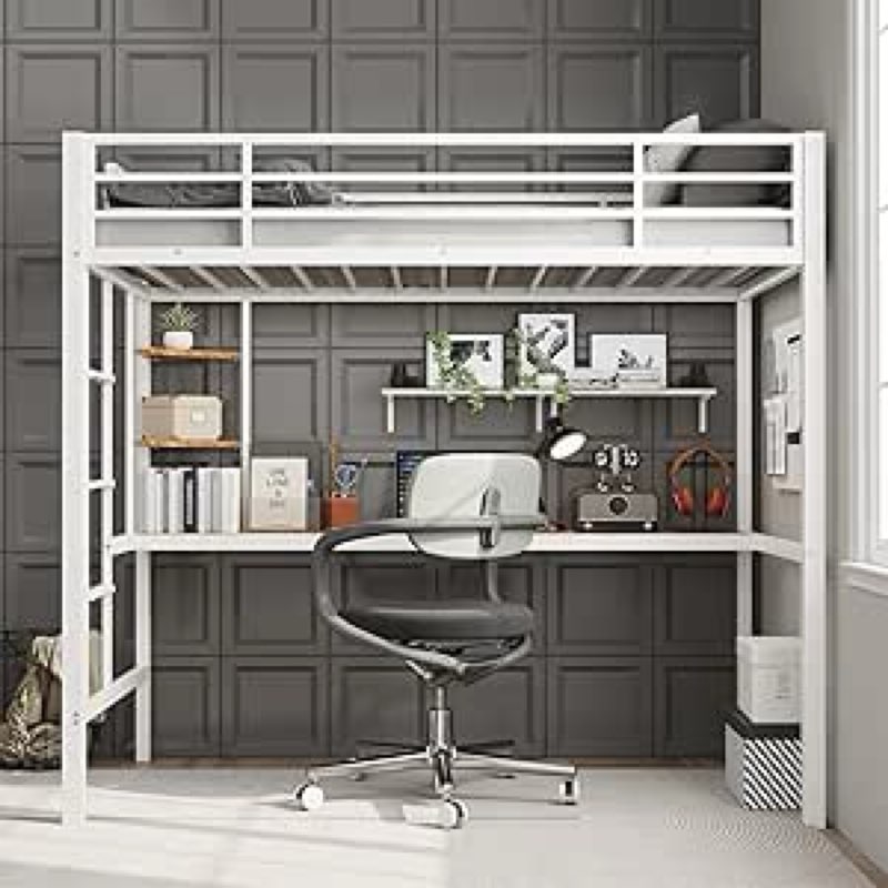 SLEKVERSA Twin Size Loft Bed with Large Desk and Storage Shelves, Metal Loft Bed with Safety Guardra