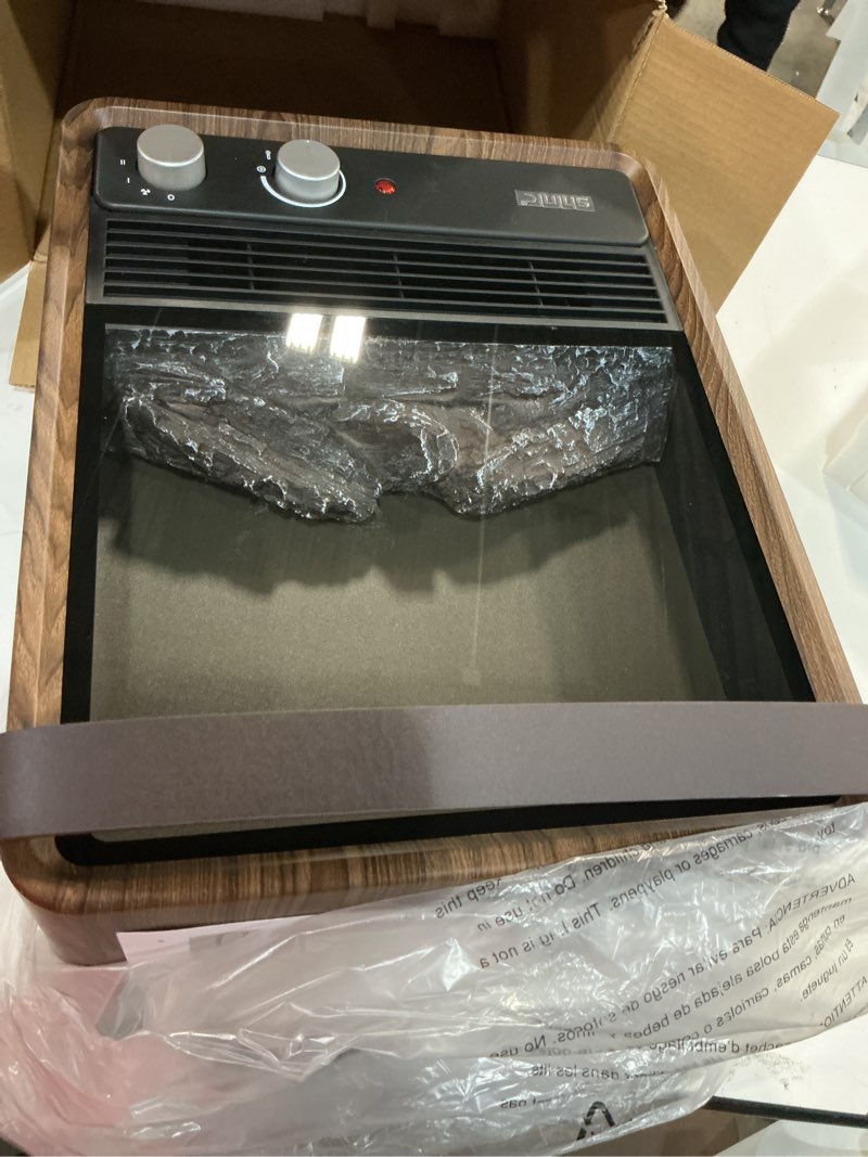 Condition photo showing Good Condition for Shinic Electric Fireplace Heaters for Indoor Use,1500W Space Heater with Crackling Sound & 3D Realistic Flame, Safety Protection, Mini Portable Fireplace Heater for Home Christmas Decoration, Walnut Walnut 11.8" x 5.9"× 14.6"