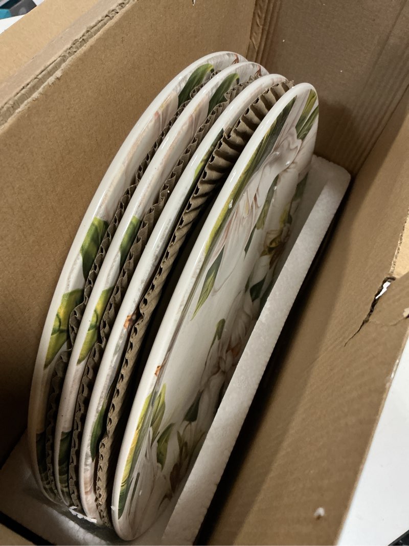 Condition photo showing New/Like New for bico magnolia floral dinner plates set of 4, 11 inch large ceramic plates for pasta, steak, stylish serving dishes, microwave and dishwasher safe, gift for housewarming and thanksgiving
