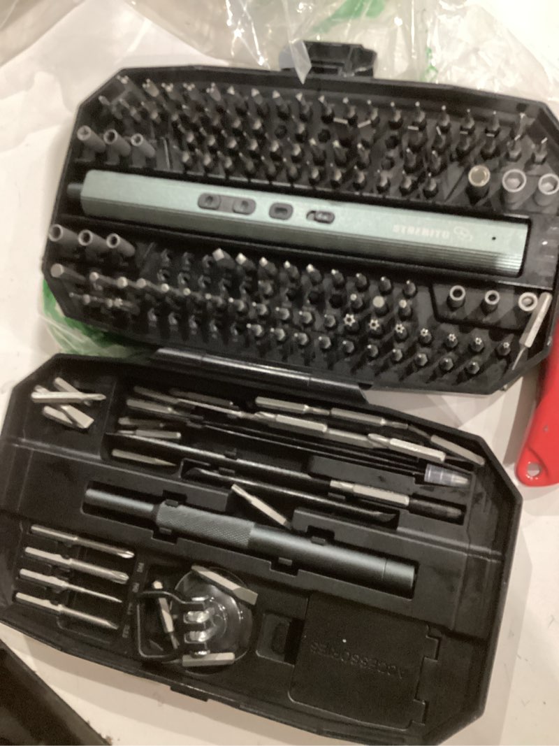 Condition photo showing As Is for strebito electric screwdriver 155 in 1 mini electric screwdriver set, max 5 n.m, 140 s2 magnetic bits, 3 torque settings, 650mah power screwdriver cordless rechargeable, repair tool kit for pc phone black
