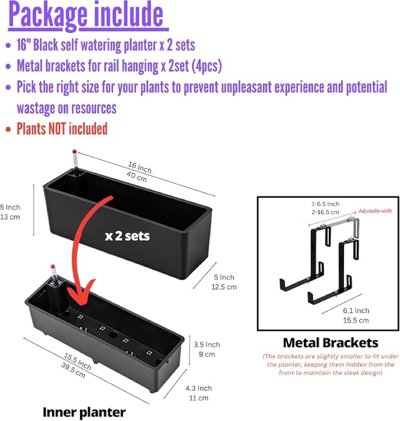 lalagreen railing planter boxes (16 inch, 4 pack) black rectangular plastic window box planters with self-watering system metal brackets, outdoor plants herbs flowers deck balcony fence garden decor